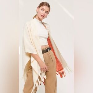 Urban Outfitters Nubby Ruana Shawl Pancho Wearable Scarf ivory Orange Tassels